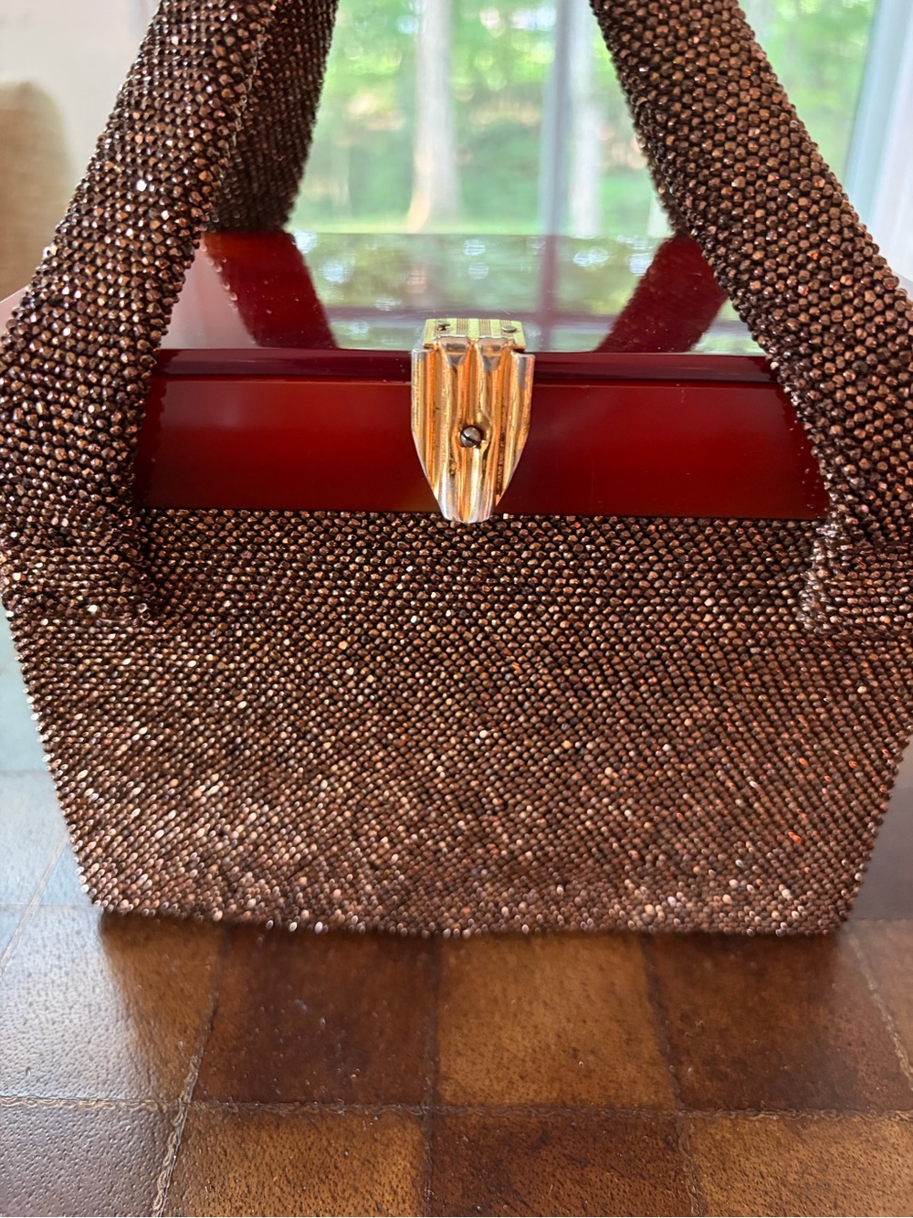 1940’s Antique Vintage Beaded Brown Top-Handle Evening Bag with Gold Clasp - Picture 6 of 12
